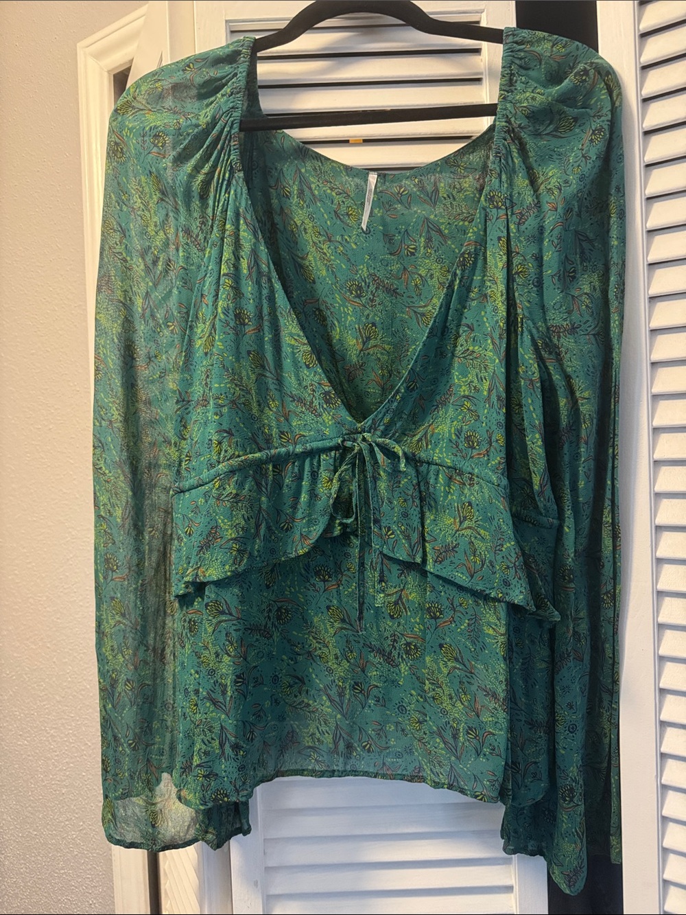 Free People Sheer Teal Green Printed V-Neck Tie-Front Blouse